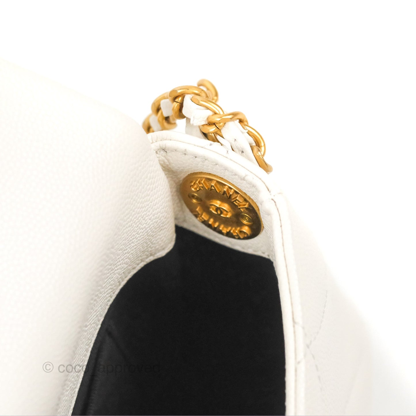 Chanel Mini Flap with Coin Charm White Caviar Aged Gold Hardware 22A