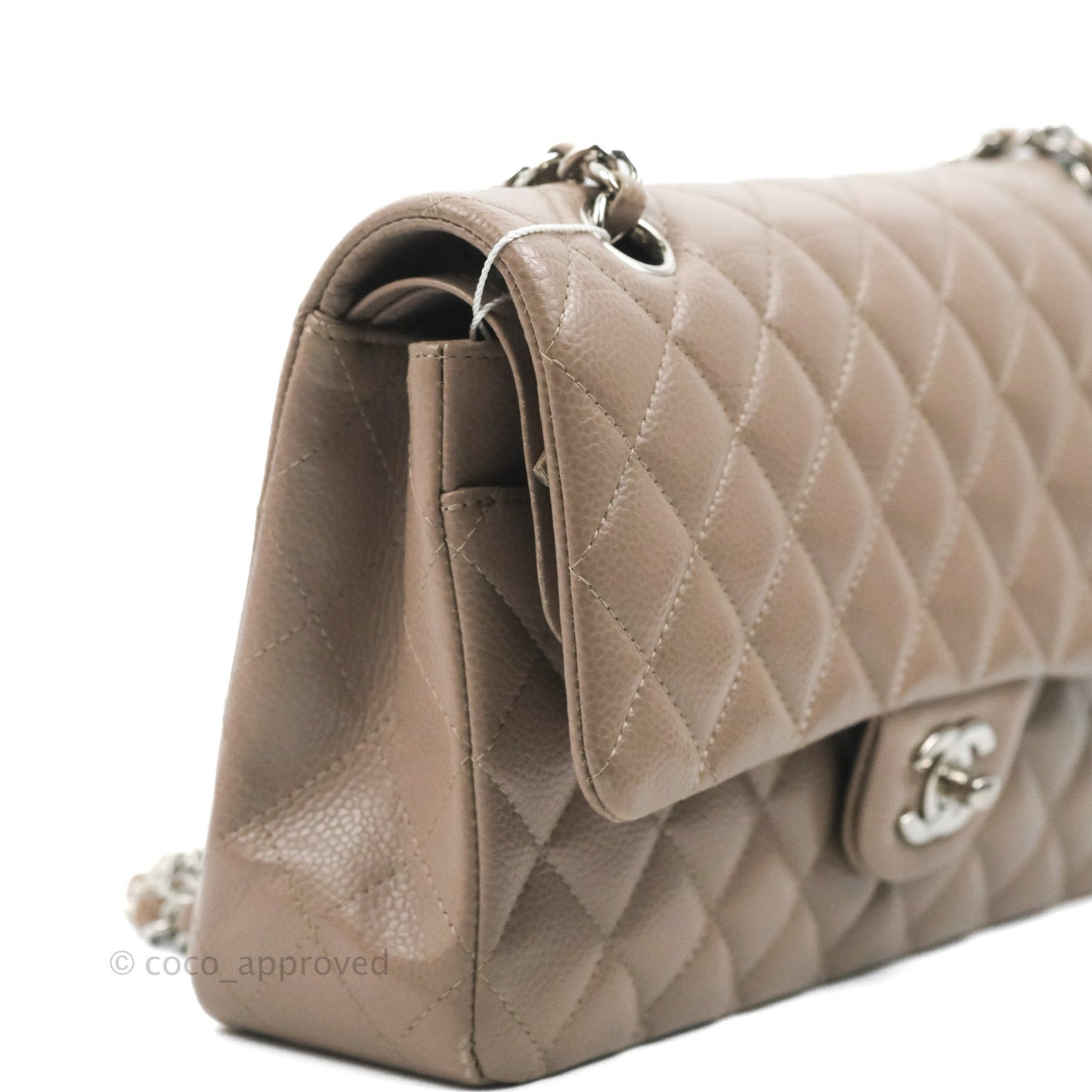 Chanel Classic M/L Medium Flap Quilted Taupe Grey Caviar Silver Hardware