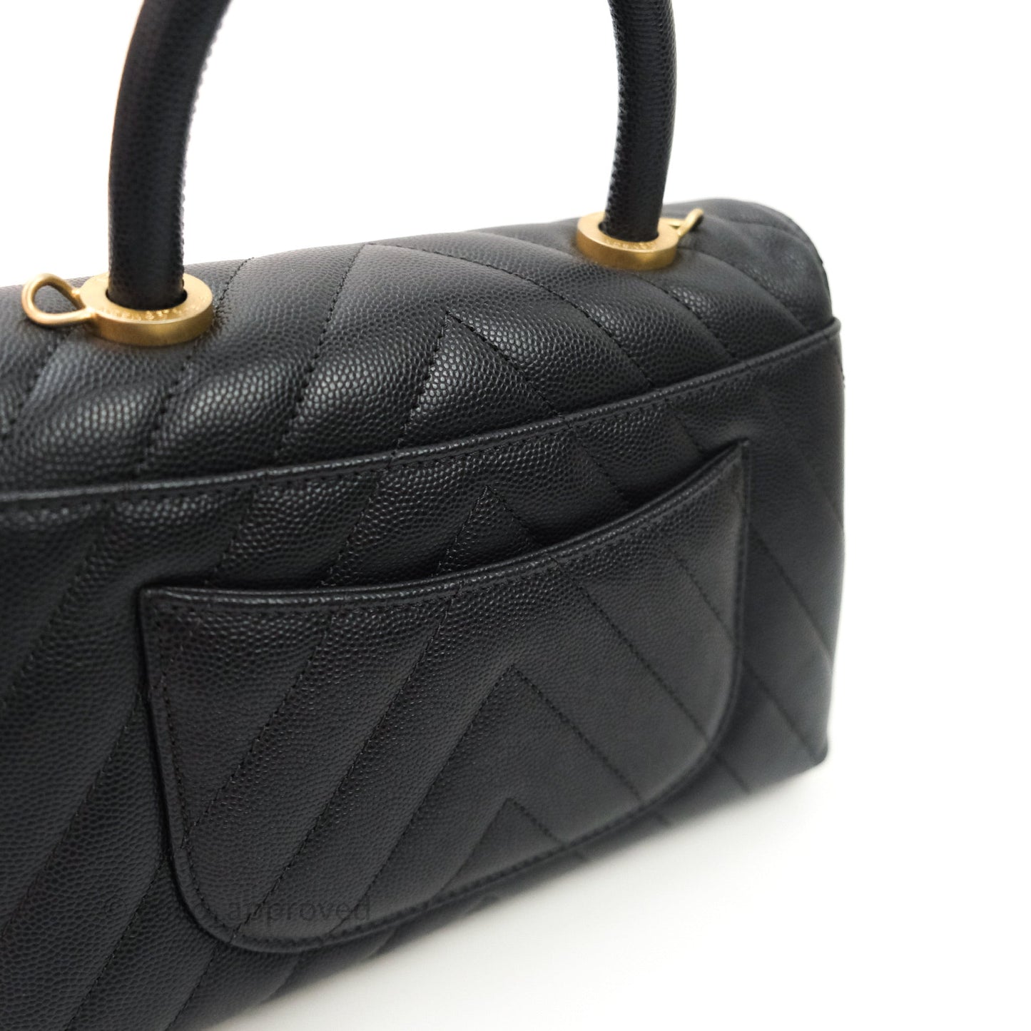 Chanel Quilted Mini Coco Handle Chevron Dark Grey Caviar Gold Hardware
