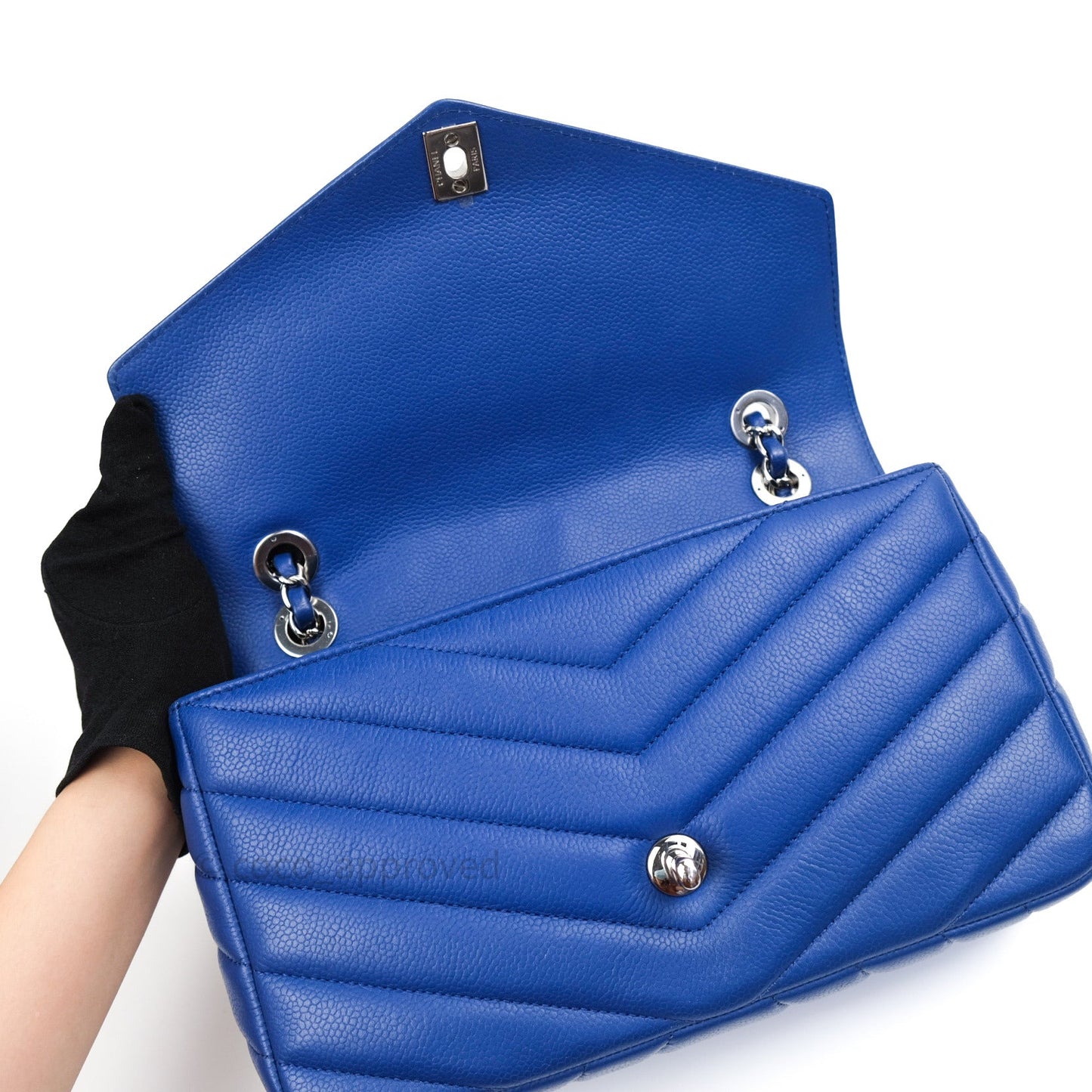 Chanel Chevron Quilted Medium Blue Grained Calfskin Silver Hardware