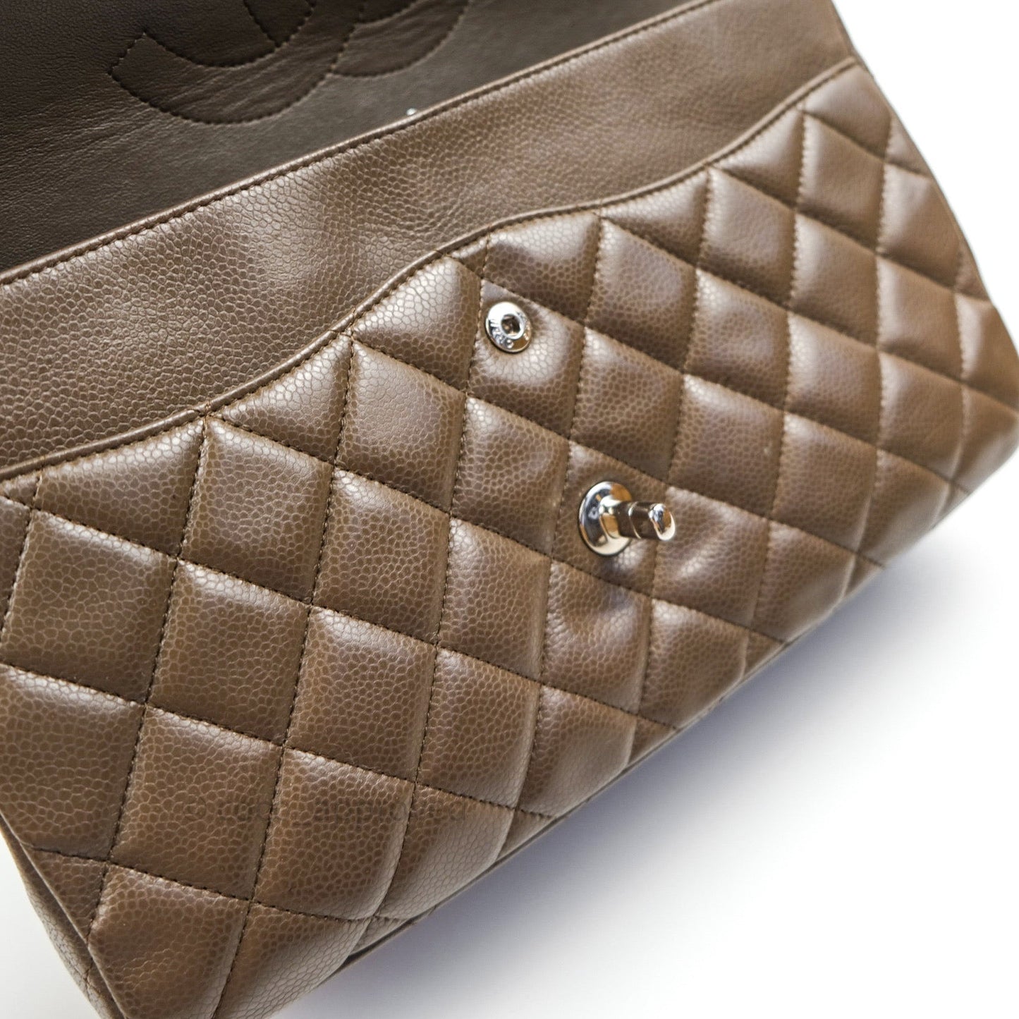 Chanel Classic Double Flap Quilted Jumbo Double Flap Khaki Caviar Silver Hardware
