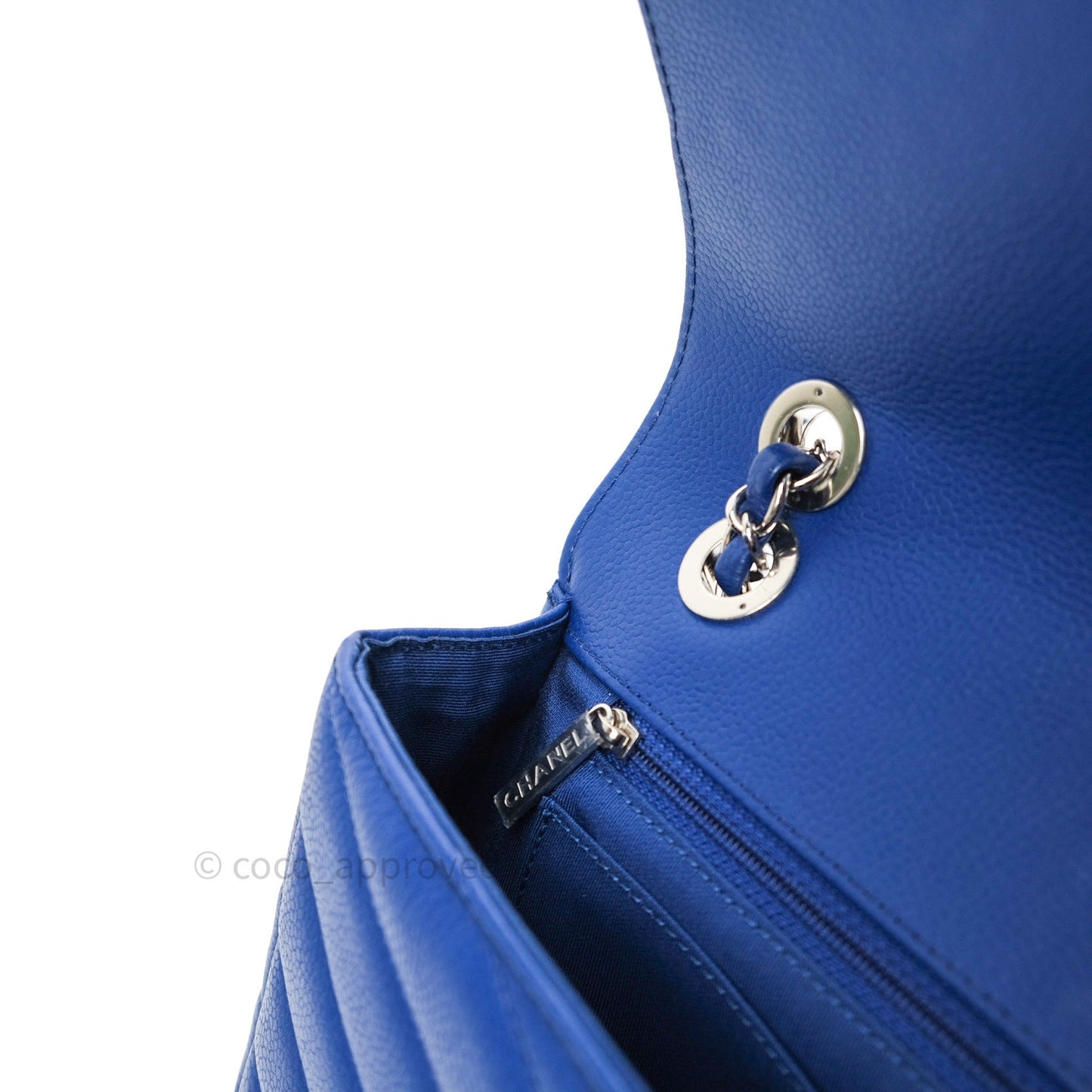 Chanel Chevron Quilted Medium Blue Grained Calfskin Silver Hardware