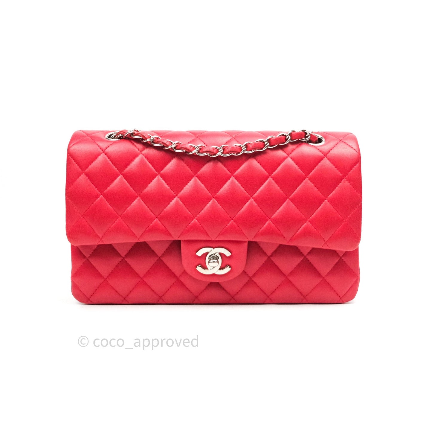 Chanel Classic M/L Medium Double Flap Bag Red Lambskin Silver Hardware