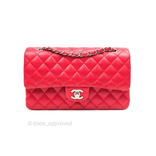 Chanel Classic M/L Medium Double Flap Bag Red Lambskin Silver Hardware