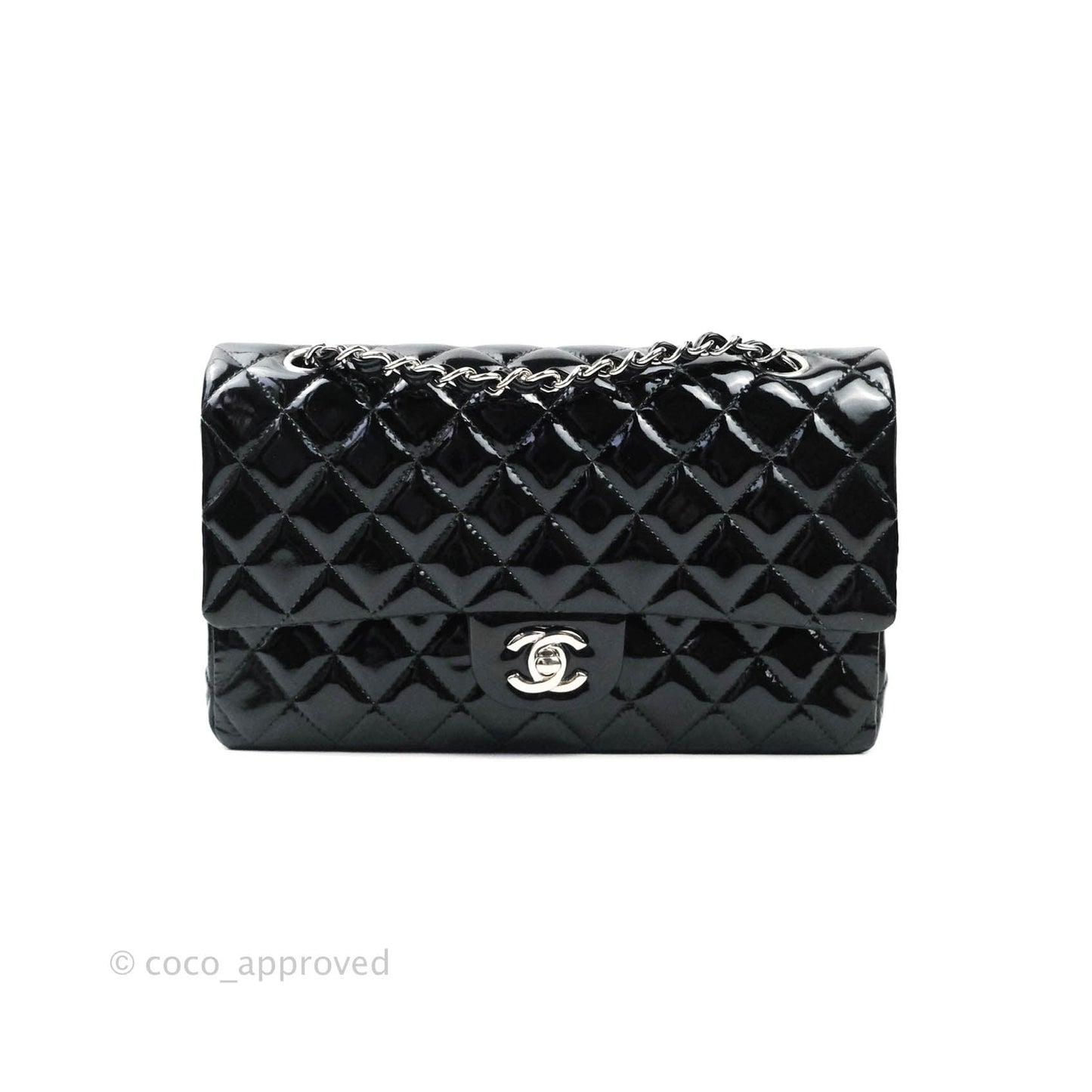 Chanel Classic M/L Medium Double Flap Bag Black Patent Silver Hardware