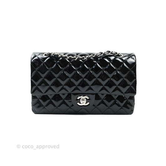 Chanel Classic M/L Medium Double Flap Bag Black Patent Silver Hardware