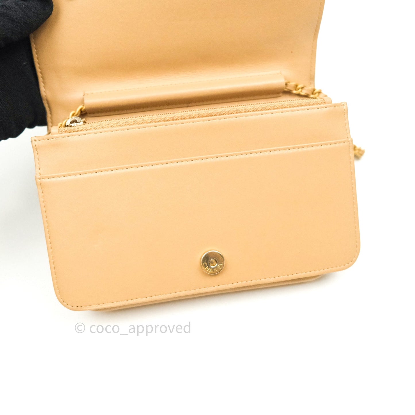 Chanel Quilted Boy Wallet on Chain WOC Beige Caviar Gold Hardware