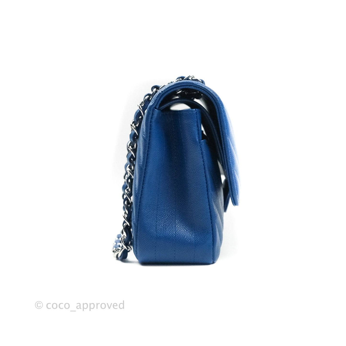 Chanel Classic Chevron M/L Medium Double Flap Blue Caviar Silver Hardware