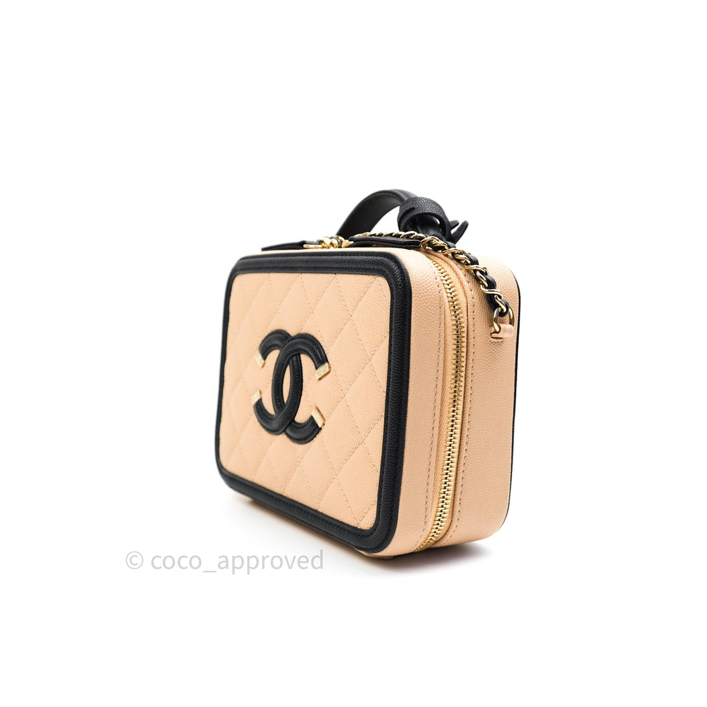 Chanel Quilted New Small CC Filigree Vanity Case Beige Caviar Gold Hardware