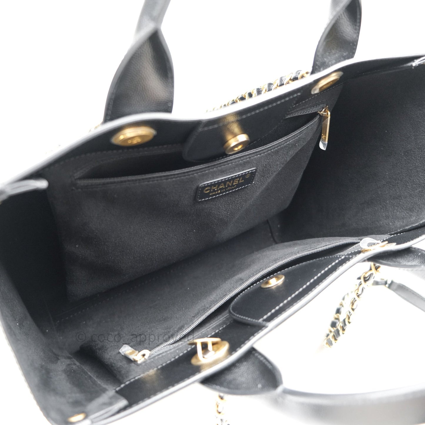 Chanel Small Studded Deauville Tote Black Caviar Gold Hardware