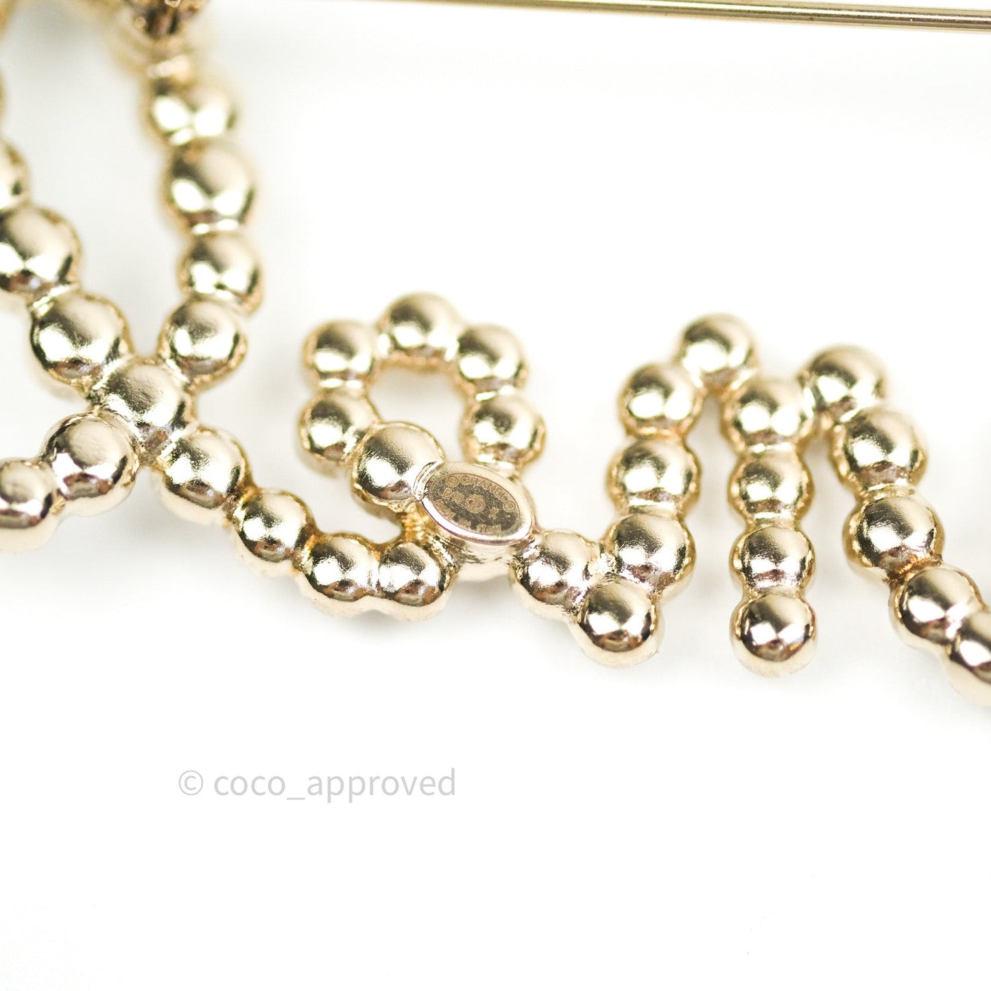 Chanel Logo Pearl Crystal Brooch Gold Tone 19K