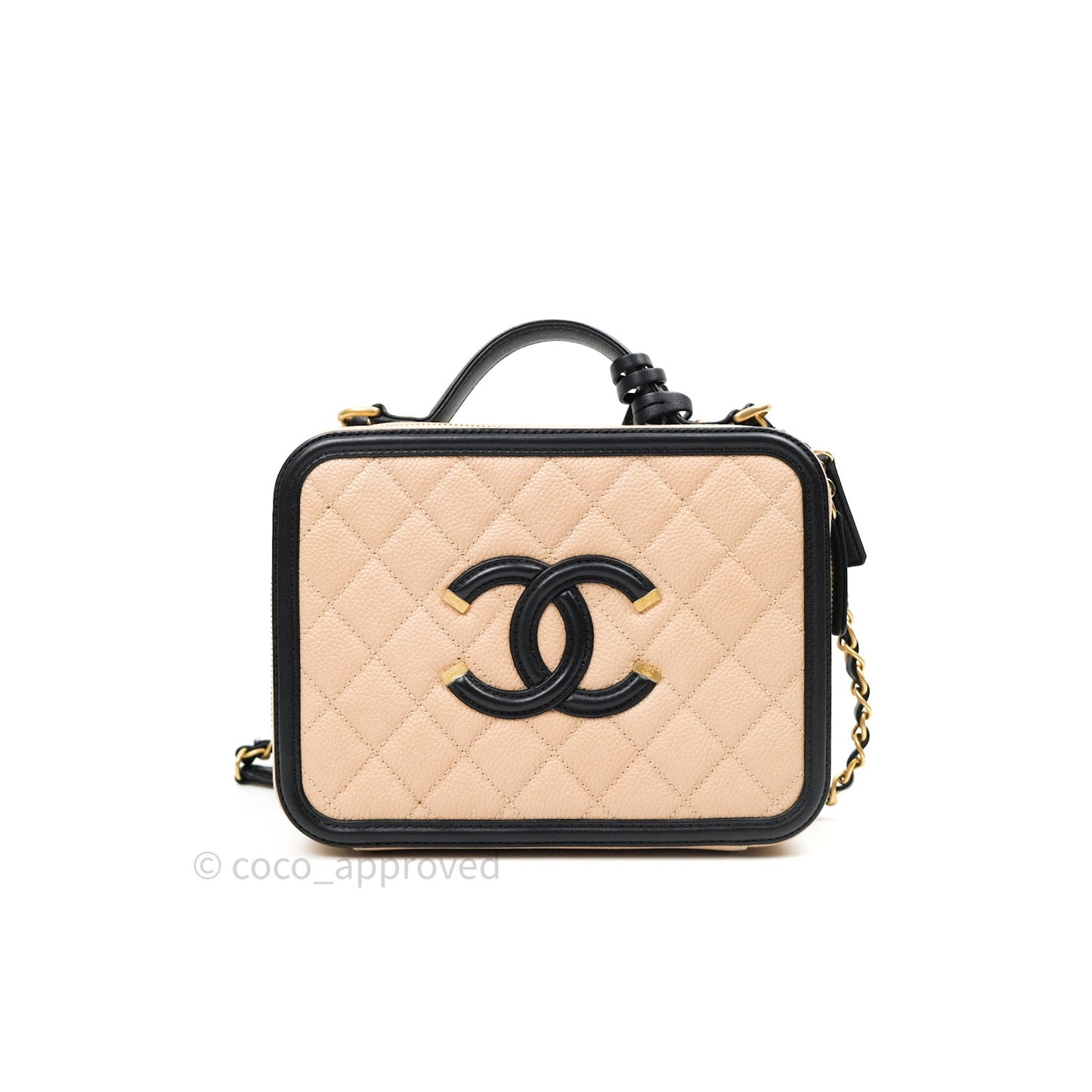 Chanel Quilted Medium CC Filigree Vanity Case Beige Caviar Gold Hardware