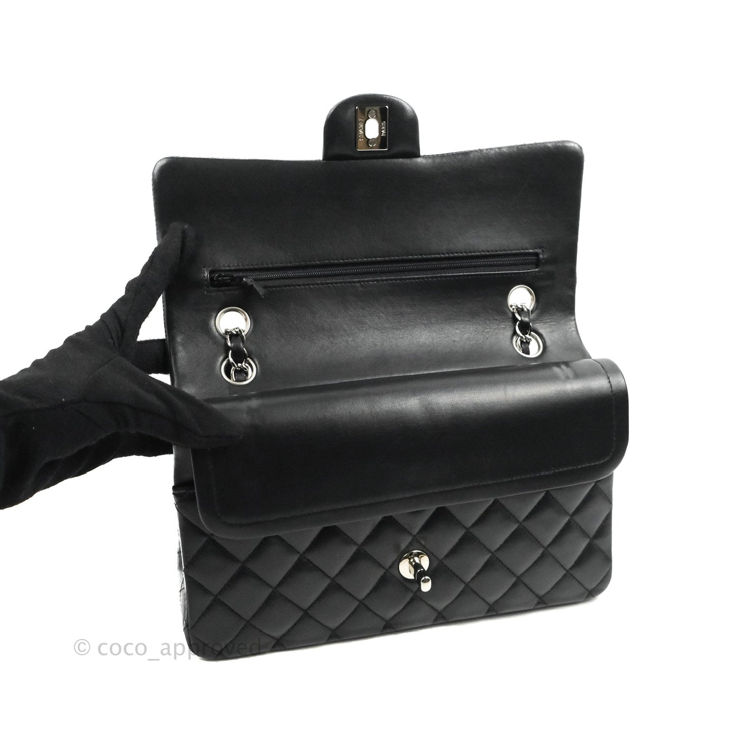 Chanel Classic M/L Medium Flap Quilted Black Lambskin Silver Hardware