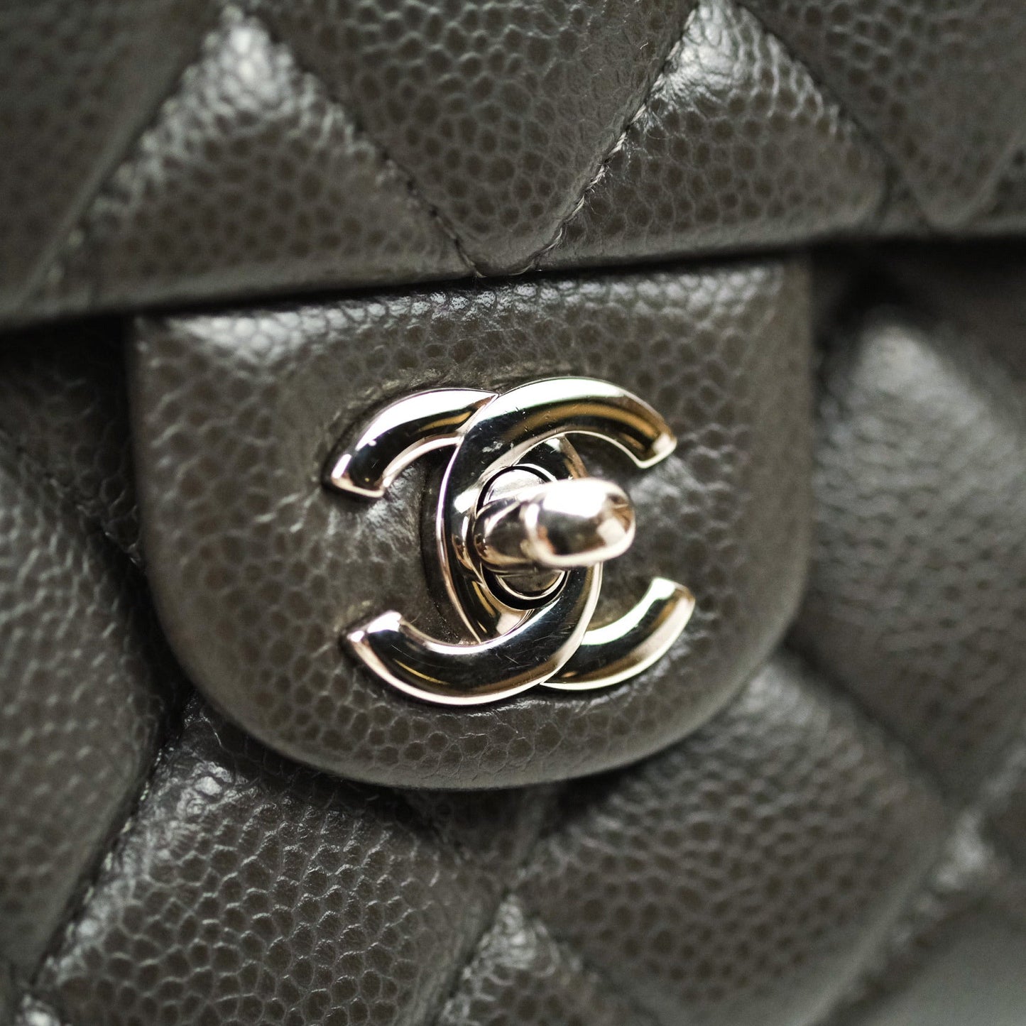 Chanel Quilted Clutch with Chain Dark Grey Caviar Leather Silver Hardware