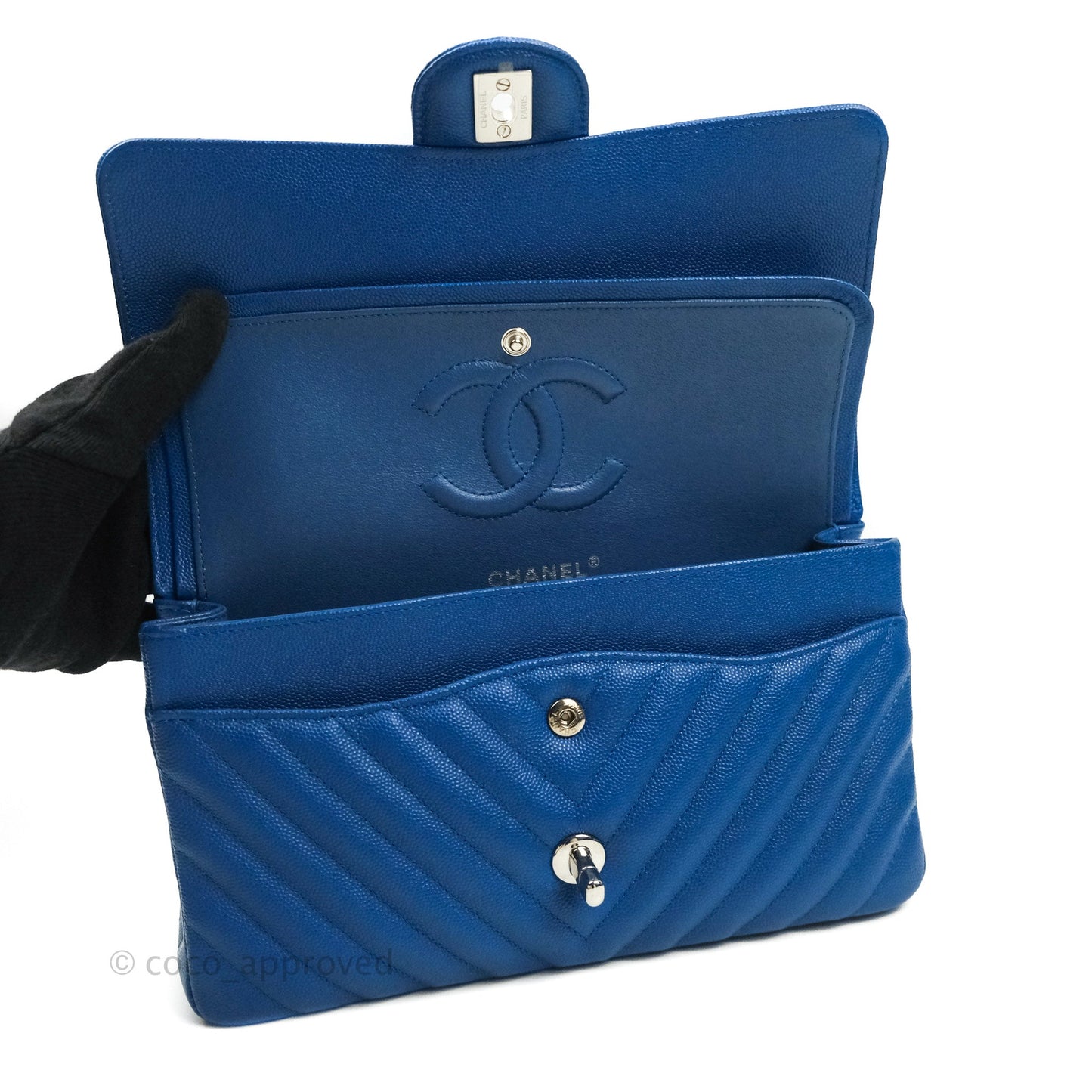 Chanel Classic Chevron M/L Medium Double Flap Blue Caviar Silver Hardware