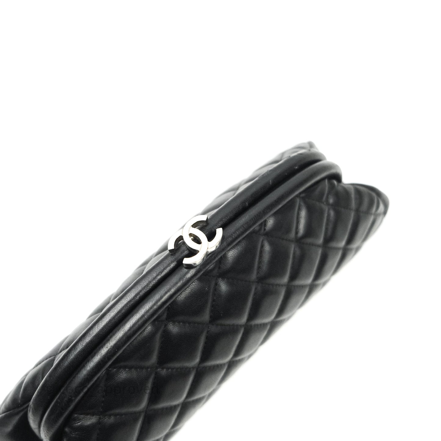 Chanel Quilted Timeless Kisslock Clutch Black Lambskin Silver Hardware