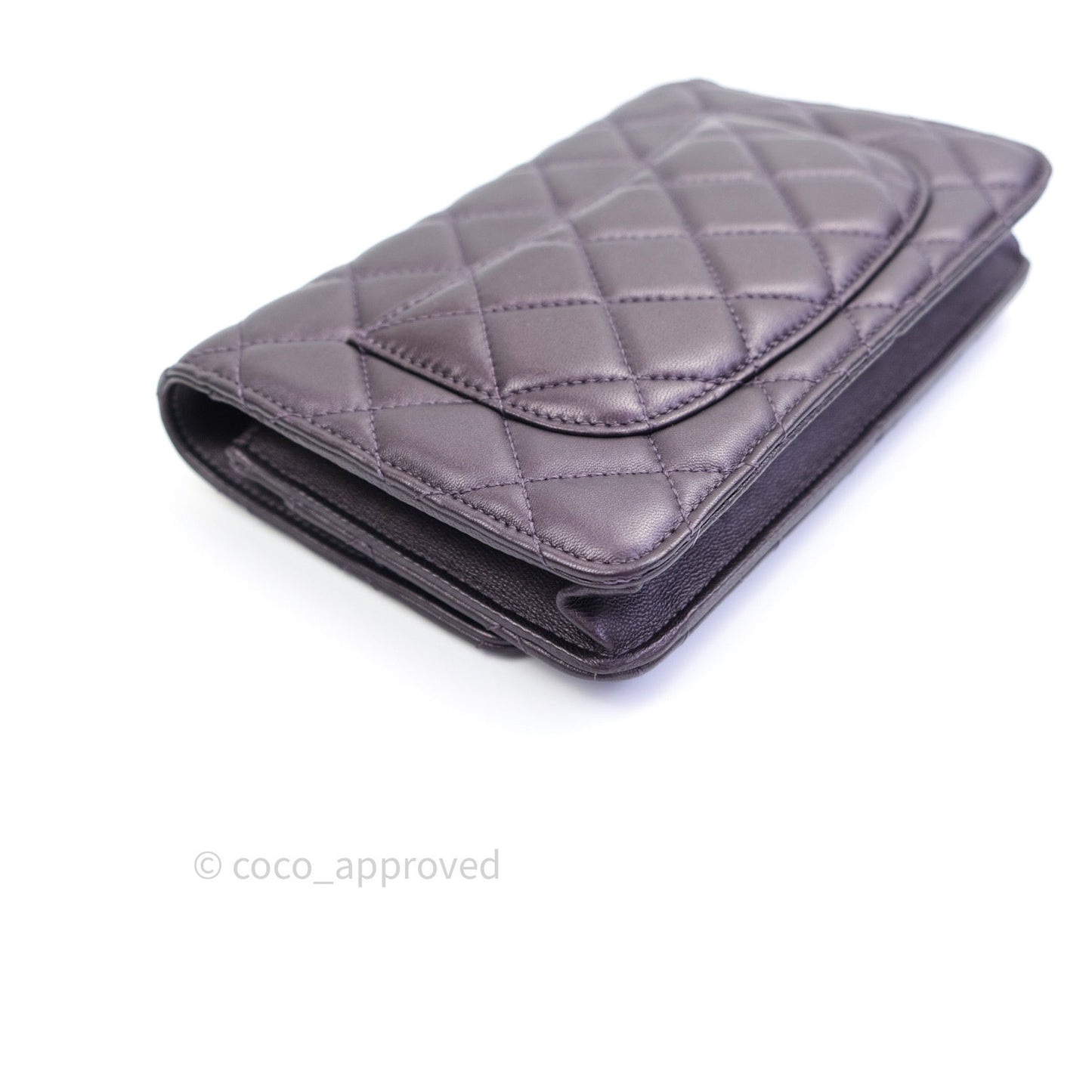 Chanel Quilted Wallet on Chain WOC Metallic Purple Light Gold Hardware