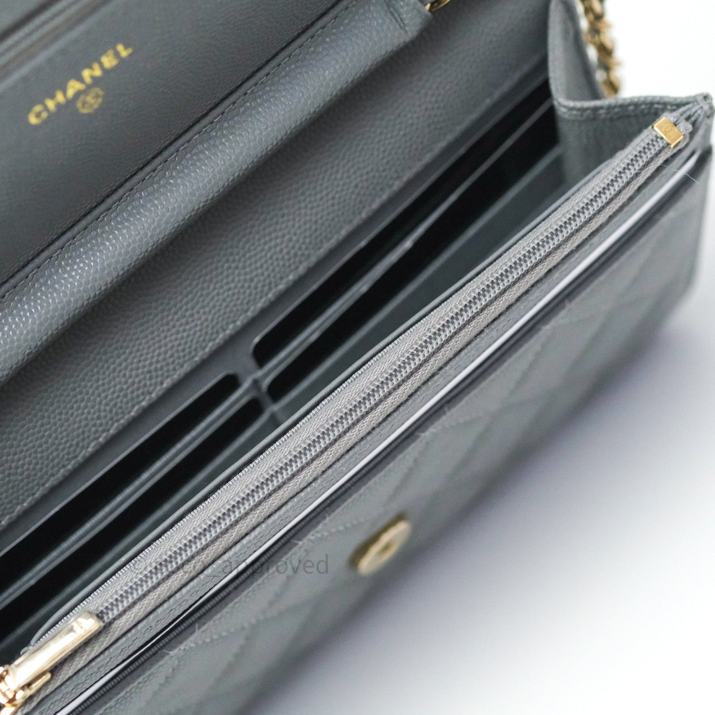 Chanel Caviar Quilted Wallet on Chain WOC Grey Light Gold Hardware 20C