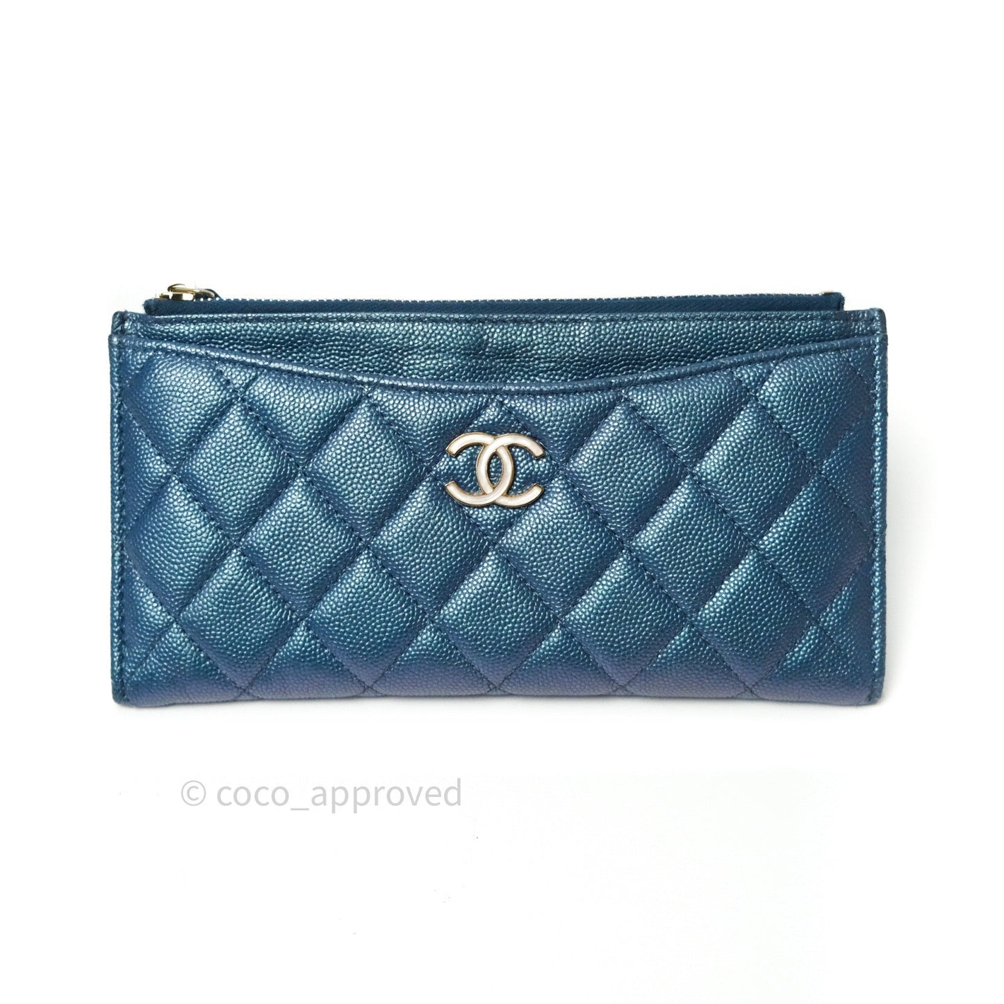 Chanel Iridescent Caviar O Case Phone Case Pouch Card Holder Blue Light Gold Hardware