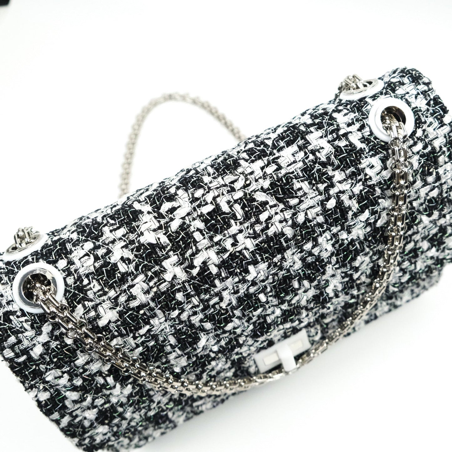 Chanel Reissue Quilted Tweed Black White Enamel Silver Hardware 226