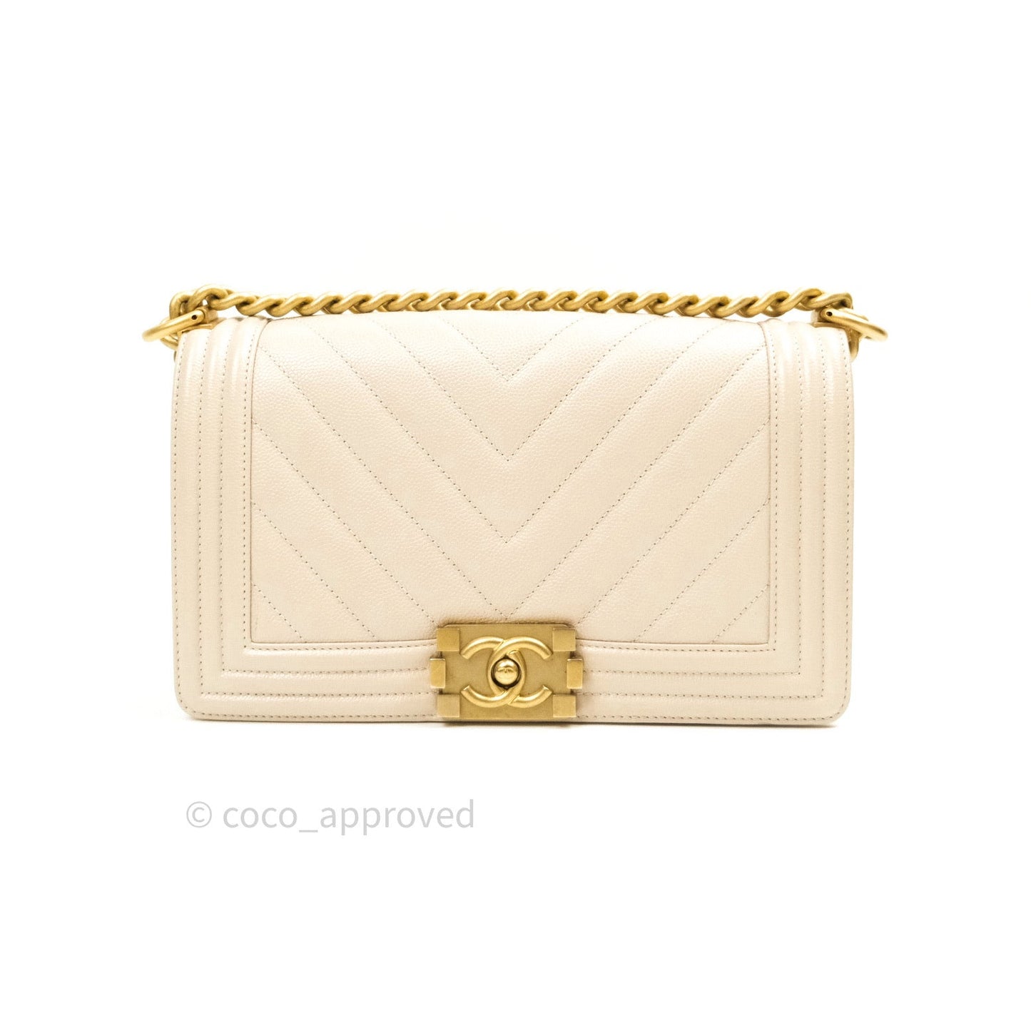 Chanel Boy Chevron Medium Beige Caviar Gold Hardware