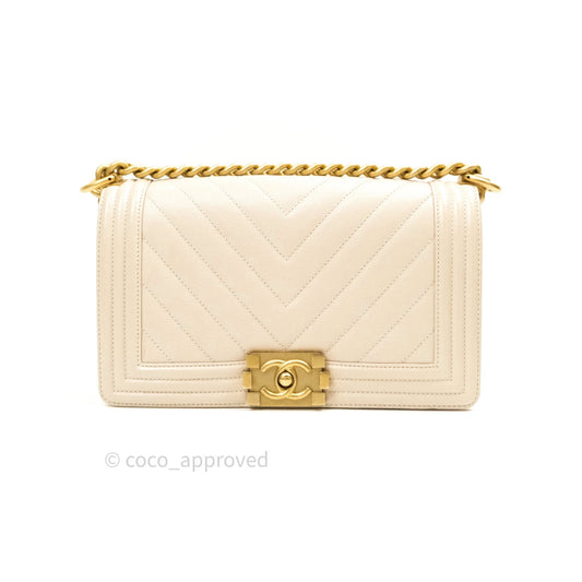 Chanel Boy Chevron Medium Beige Caviar Gold Hardware