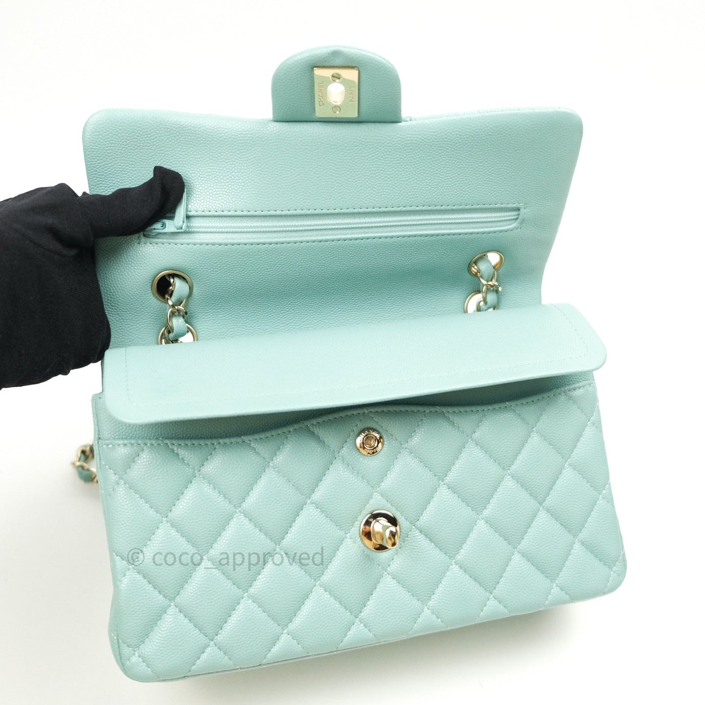 Chanel Classic Small S/M Flap Tiffany Blue Caviar Light Gold Hardware