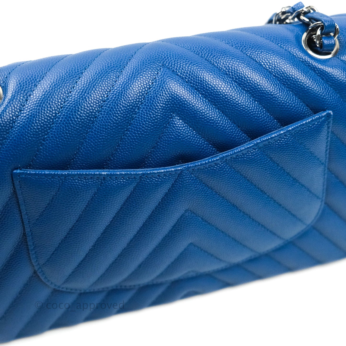 Chanel Classic Chevron M/L Medium Double Flap Blue Caviar Silver Hardware
