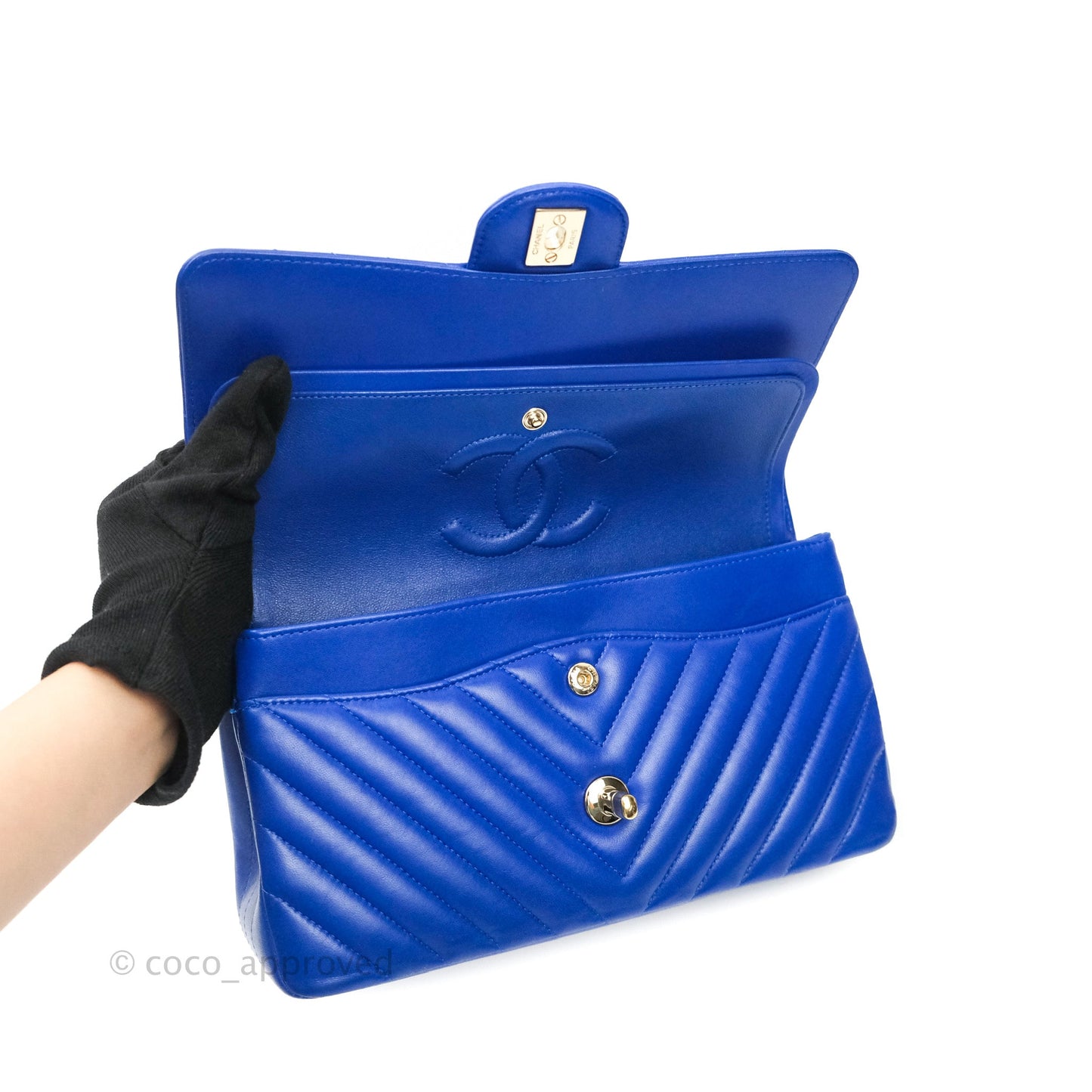 Chanel Classic Chevron M/L Medium Double Flap Blue Lambskin Gold Hardware