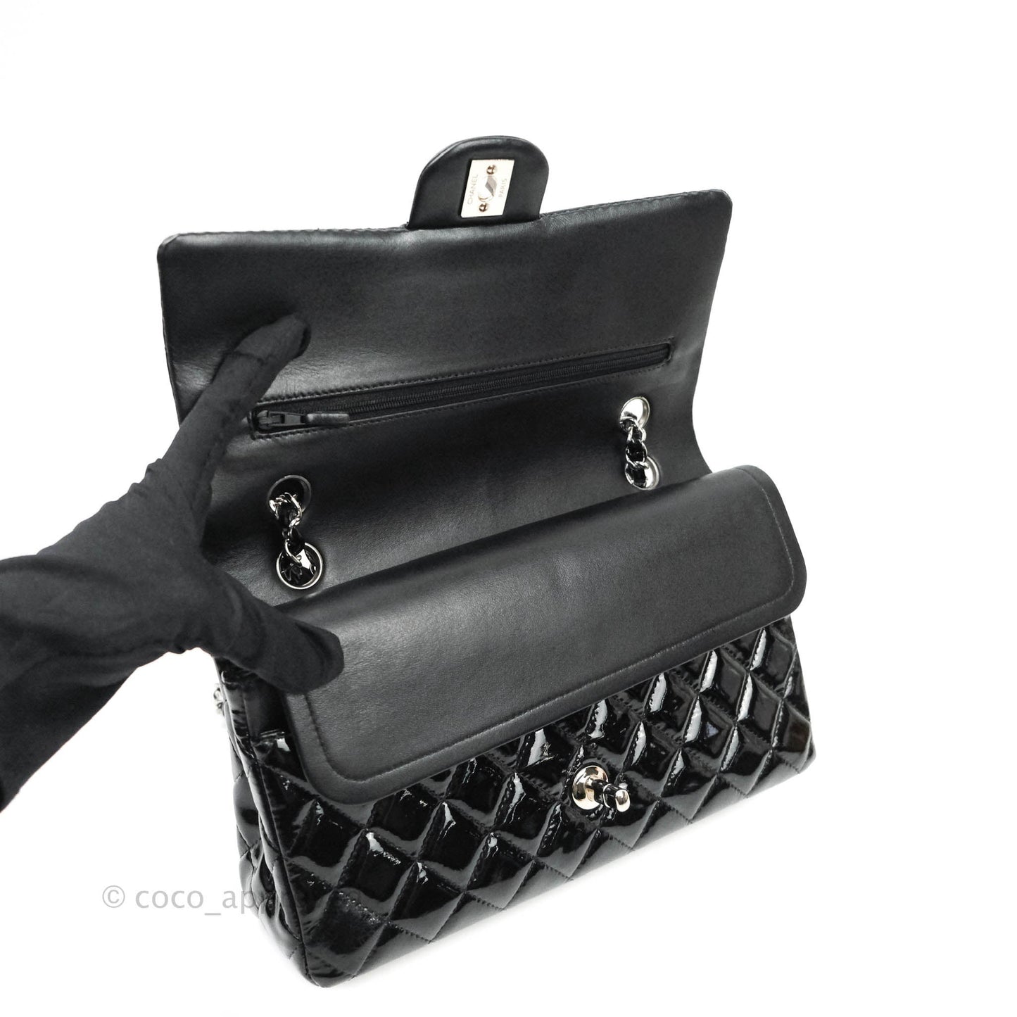 Chanel Classic M/L Medium Double Flap Bag Black Patent Silver Hardware
