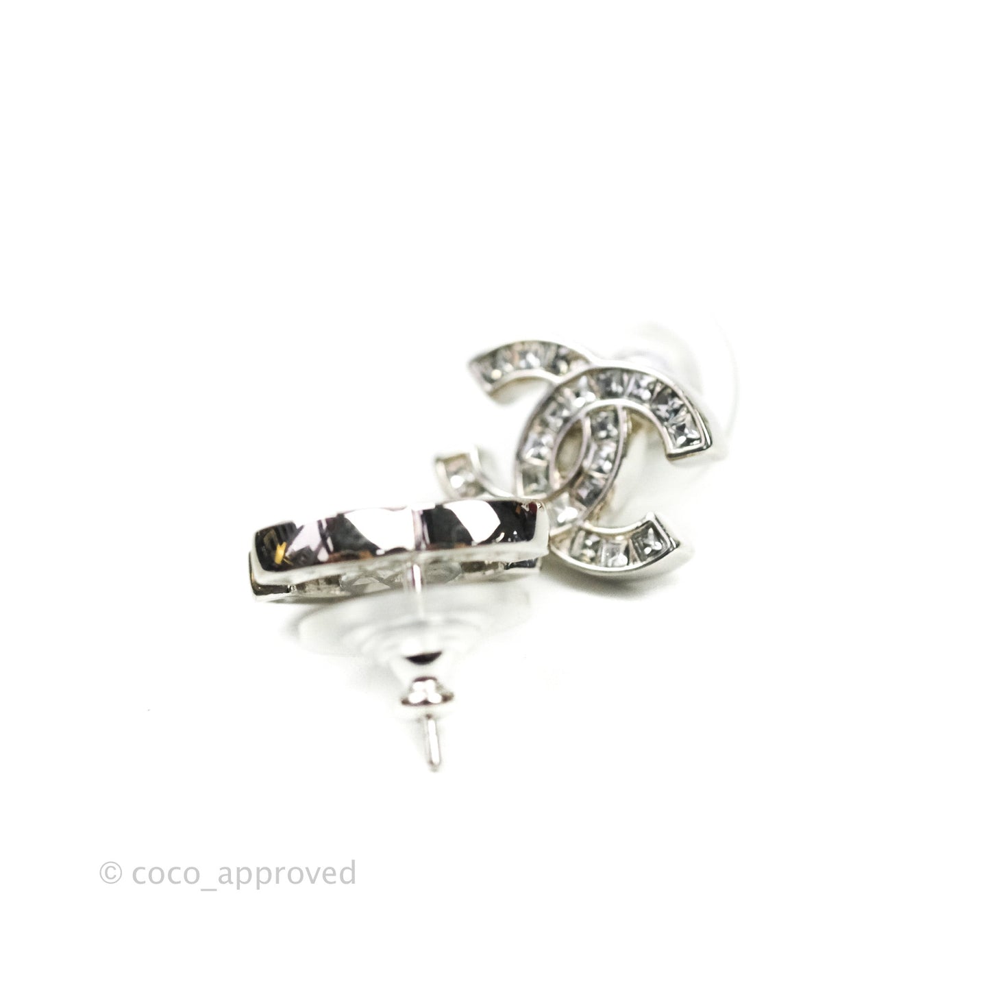 Chanel Crystal CC Earrings Silver Tone 20V