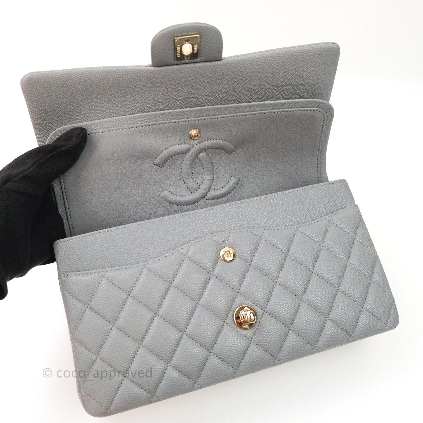 Chanel Classic M/L Medium Double Flap Quilted Grey Caviar Gold Hardware 20C