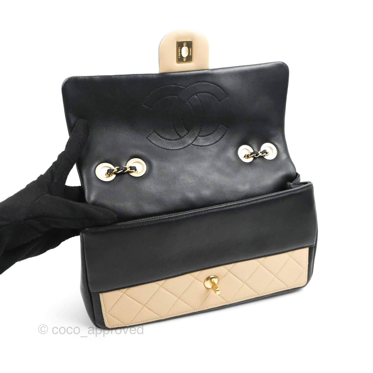 Chanel Quilted Graphic Flap Bag Black/Beige Calfskin Gold Hardware