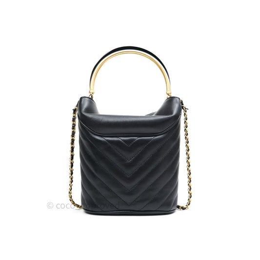Chanel Chic Bucket Bag Black Lambskin Chevron Quilted With Handle