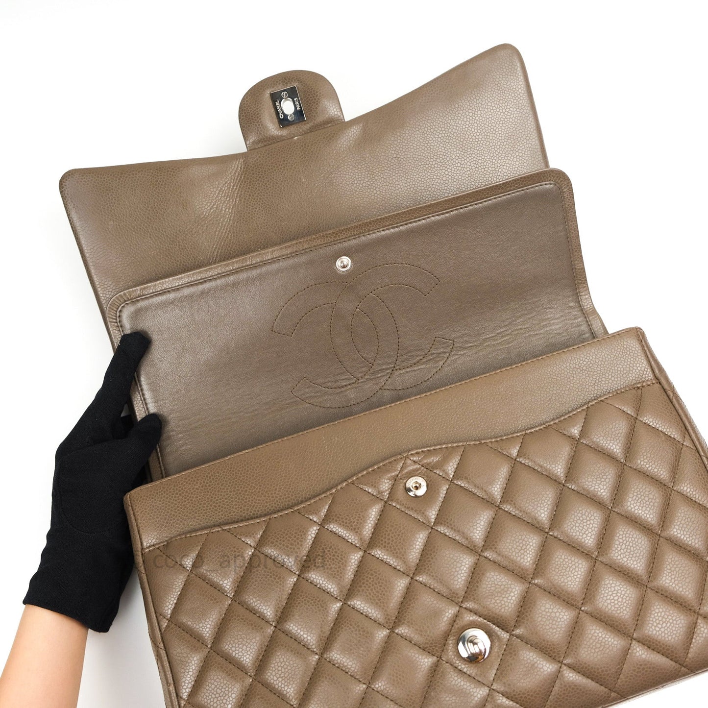 Chanel Double Flap Maxi Khaki Caviar Silver Hardware