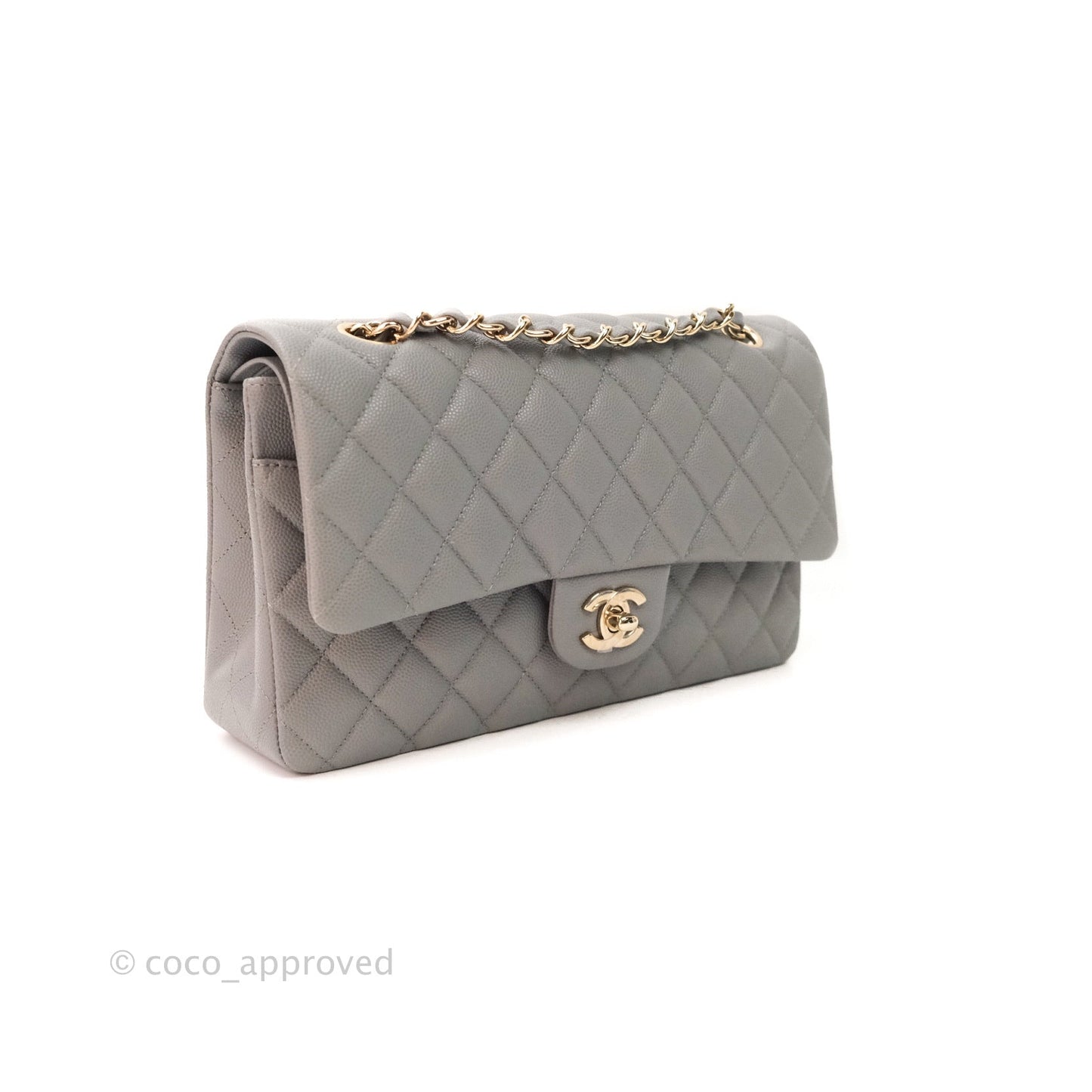 Chanel Classic M/L Medium Double Flap Quilted Grey Caviar Gold Hardware 20C