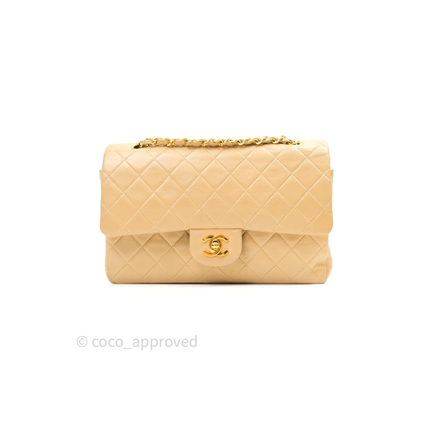 Chanel Vintage Classic Double Flap M/L Beige Lambskin 24K Gold Hardware