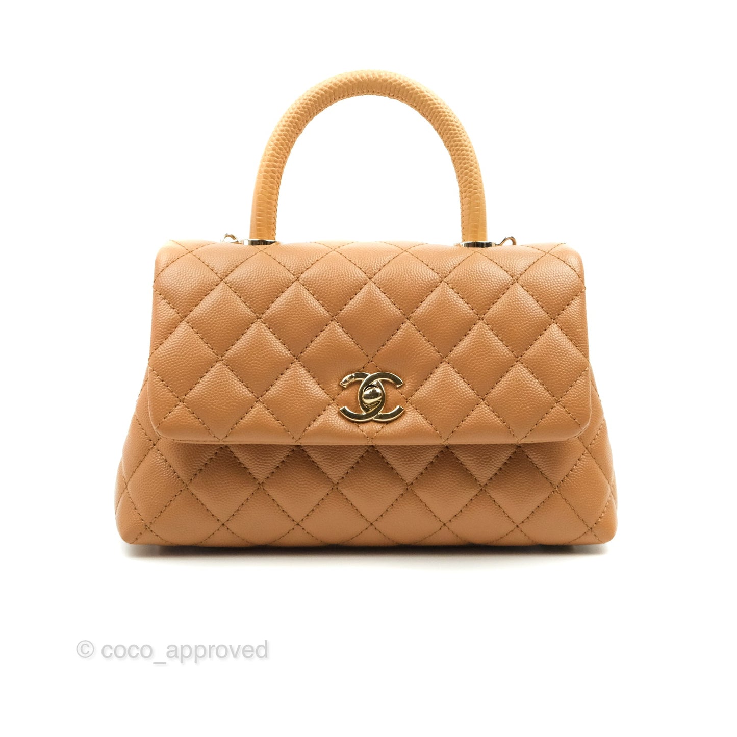 Chanel Mini (Small) Coco Handle Quilted Dark Beige Caramel Caviar Gold Hardware Lizard Embossed Handle 21P