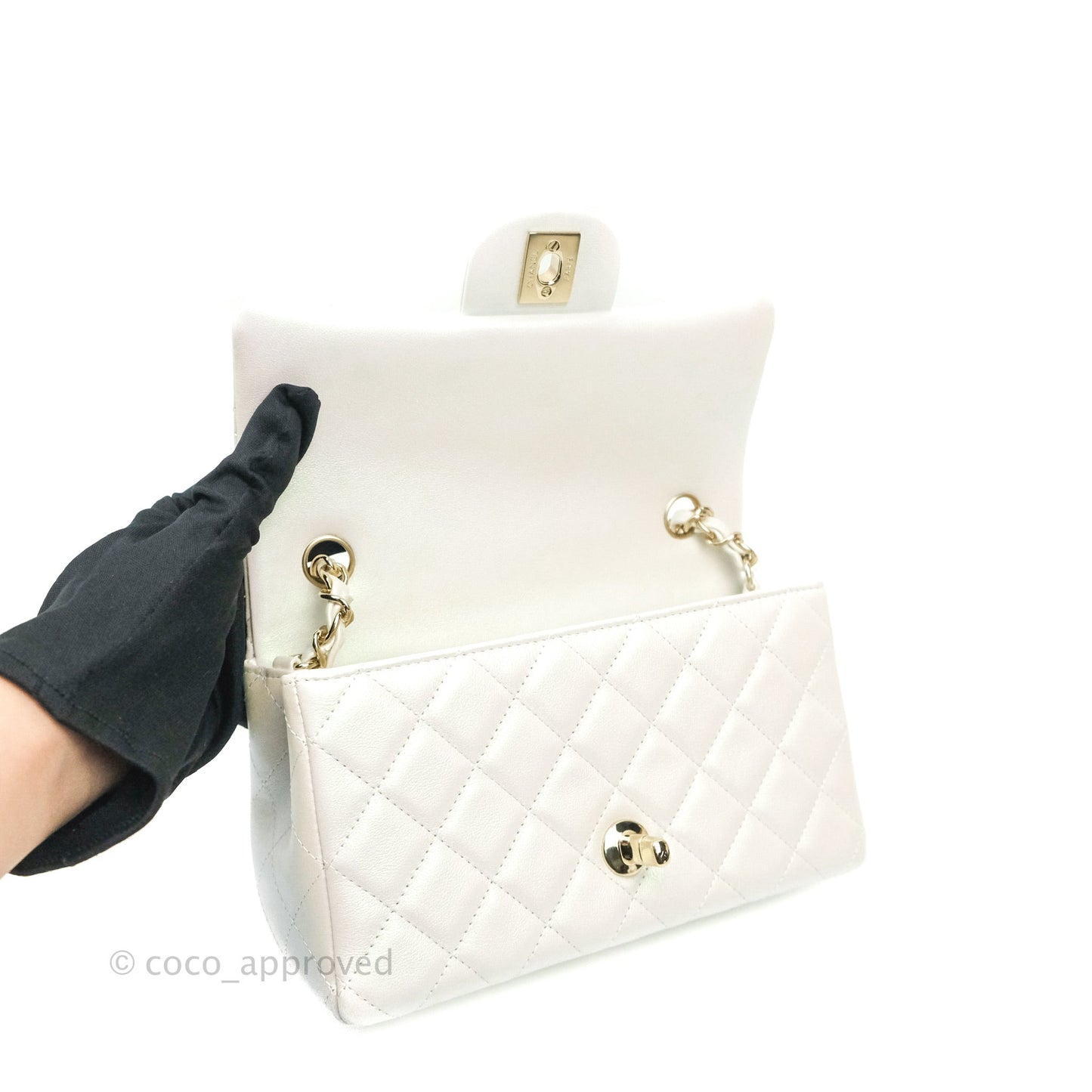 Chanel Quilted Mini Rectangular Lambskin Iridescent White Gold Hardware