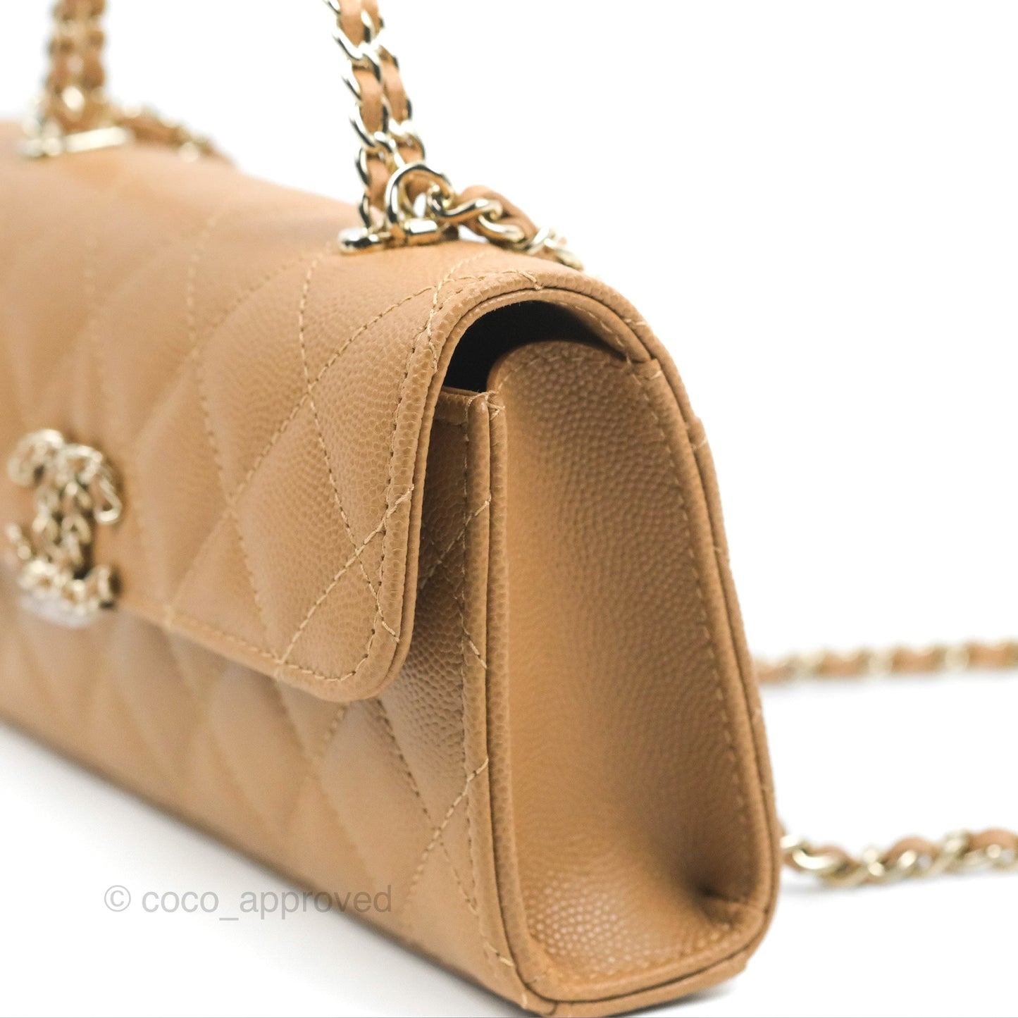Chanel Top Handle Clutch with Chain Dark Beige Caviar Light Gold Hardware 23P