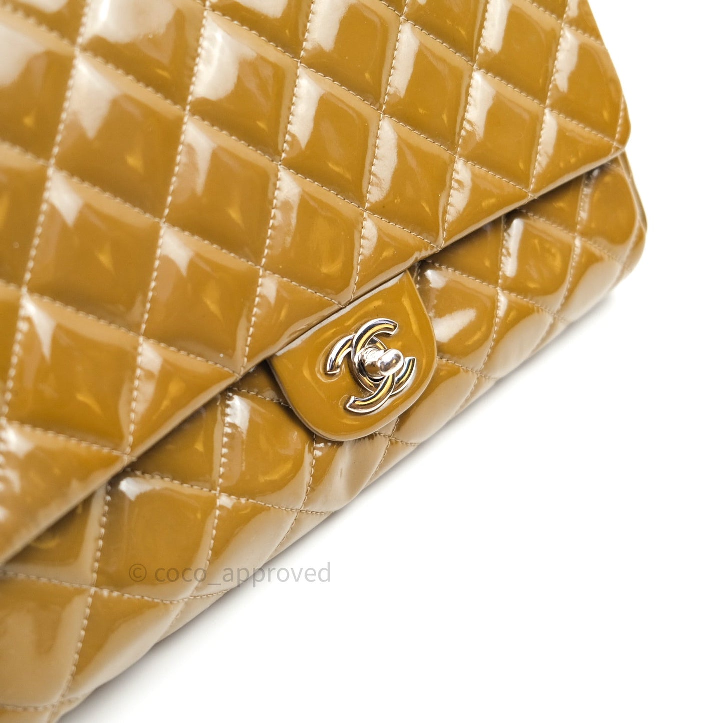 Chanel Quilted Clutch with Chain Khaki Patent Leather Silver Hardware
