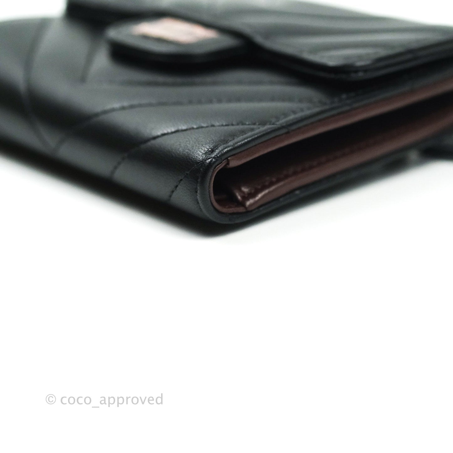 Chanel Chevron Small Compact Wallet Black Lambskin Silver Hardware