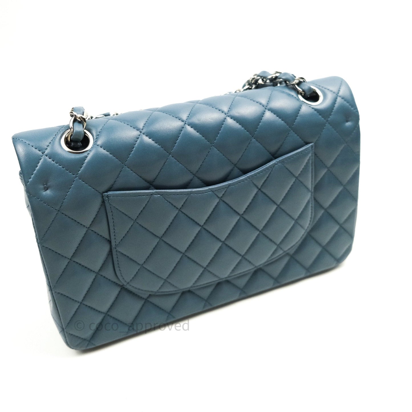 Chanel Classic M/L Lambskin Medium Double Flap Teal Blue Silver Hardware