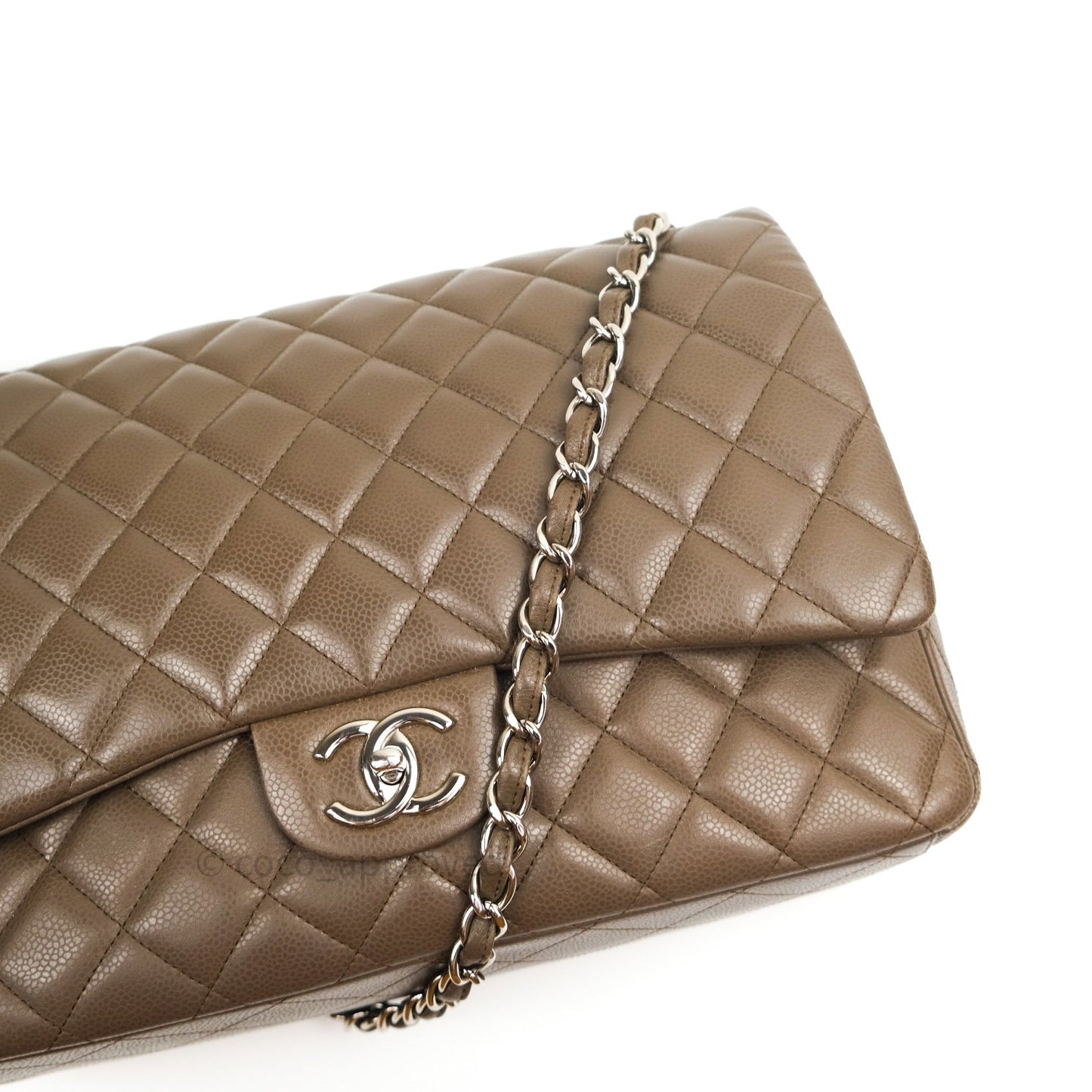 Chanel Double Flap Maxi Khaki Caviar Silver Hardware