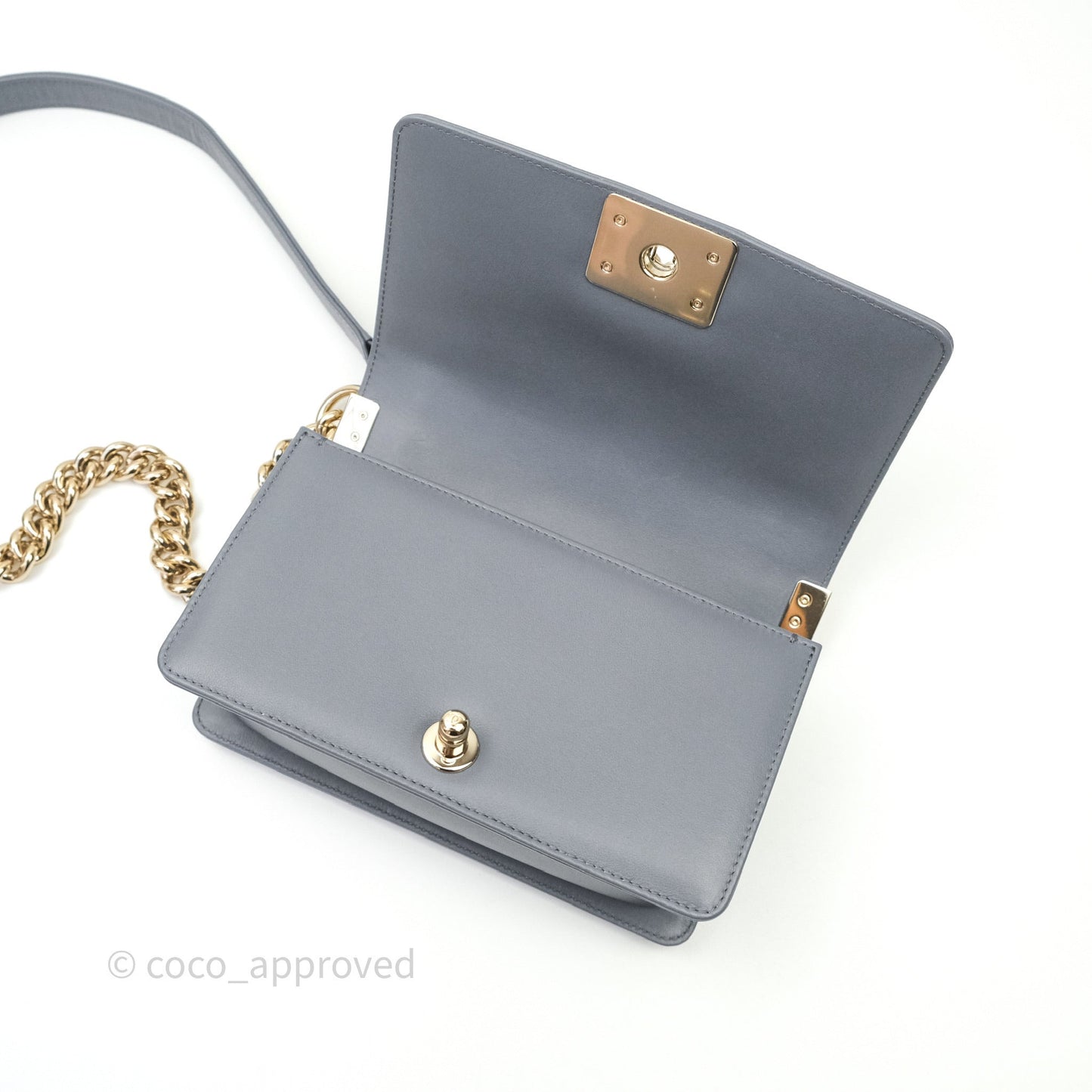 Chanel Small Boy Chevron Grey Calfskin Gold Hardware