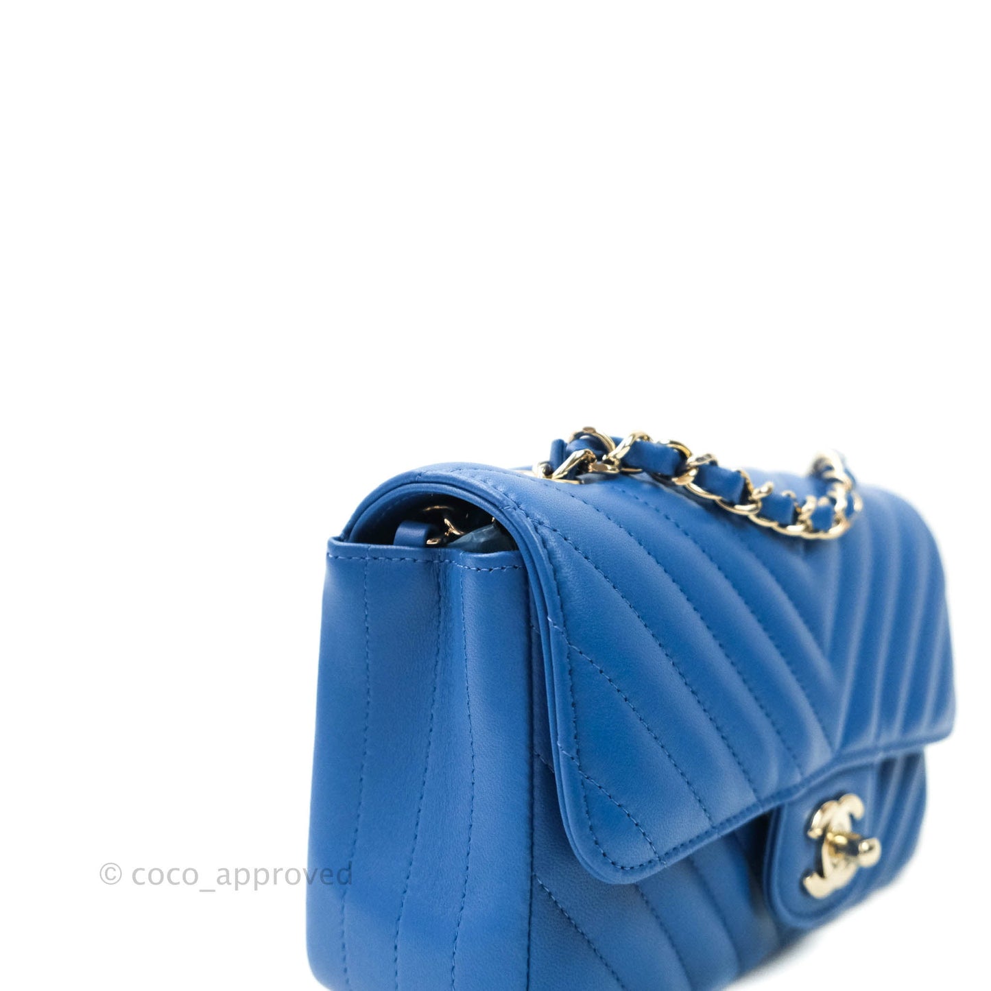 Chanel Chevron Mini Rectangular Lambskin Flap Blue Gold Hardware