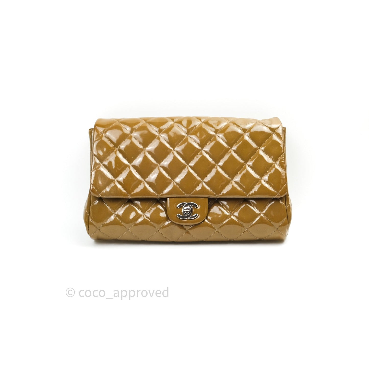 Chanel Quilted Clutch with Chain Khaki Patent Leather Silver Hardware