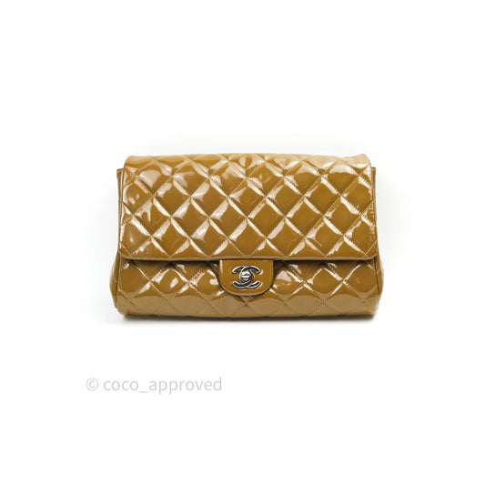 Chanel Quilted Clutch with Chain Khaki Patent Leather Silver Hardware
