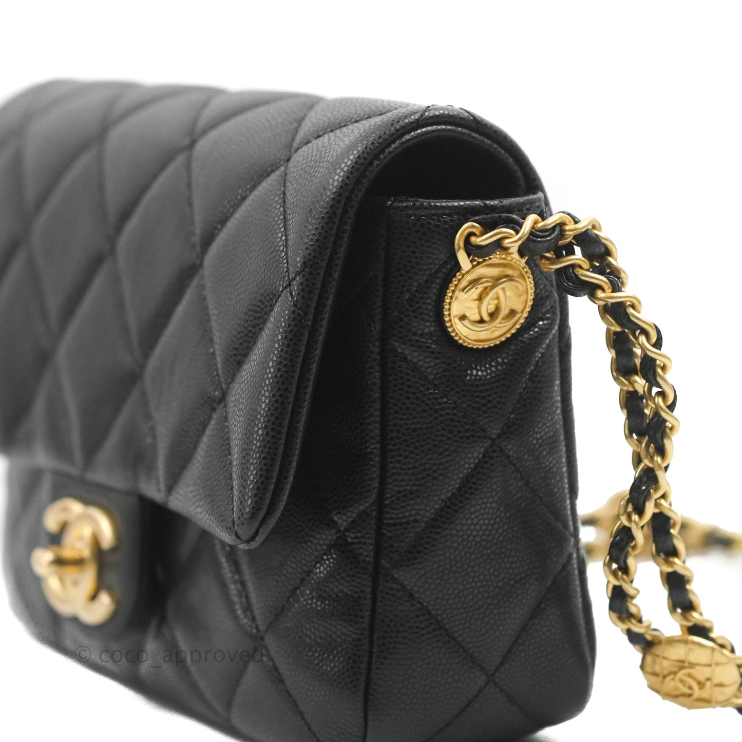 Chanel Small Flap with Coin Charm Black Caviar Aged Gold Hardware 22A