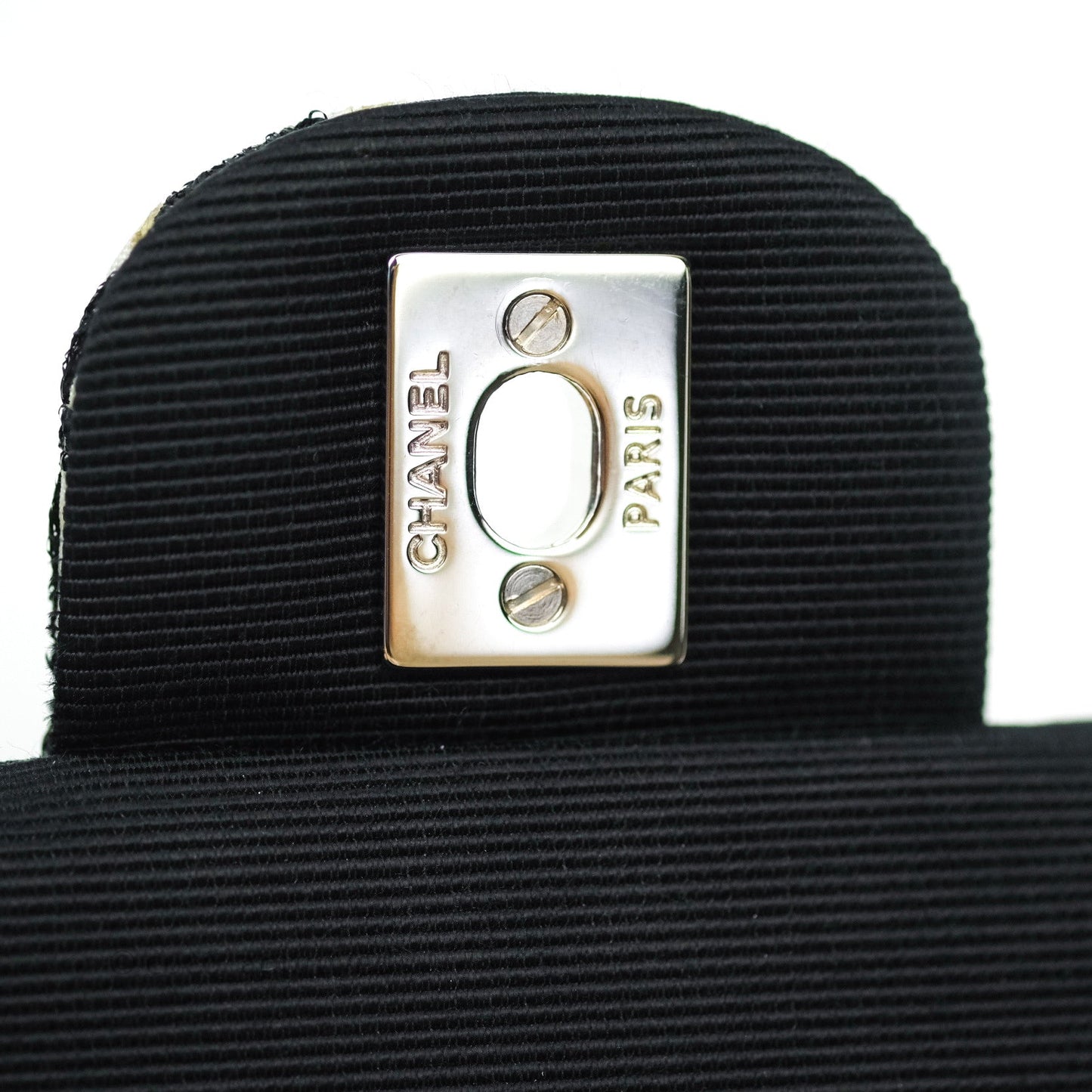 Chanel Quilted Mini Rectangular Black White Logo Silver Hardware